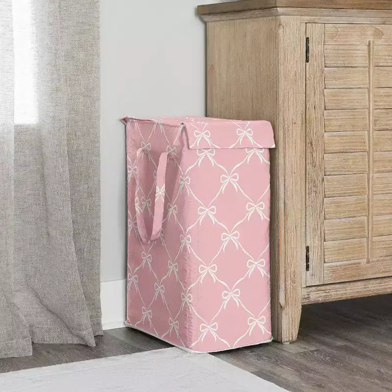 Girl Foldable Laundry Hamper with Handles Ballerina and Ballet Bows Pink and White
