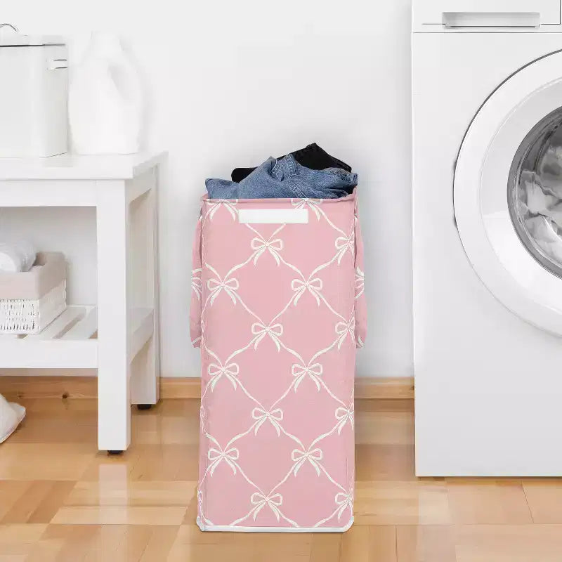 Girl Foldable Laundry Hamper with Handles Ballerina and Ballet Bows Pink and White