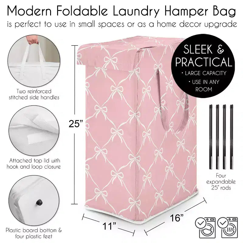 Girl Foldable Laundry Hamper with Handles Ballerina and Ballet Bows Pink and White