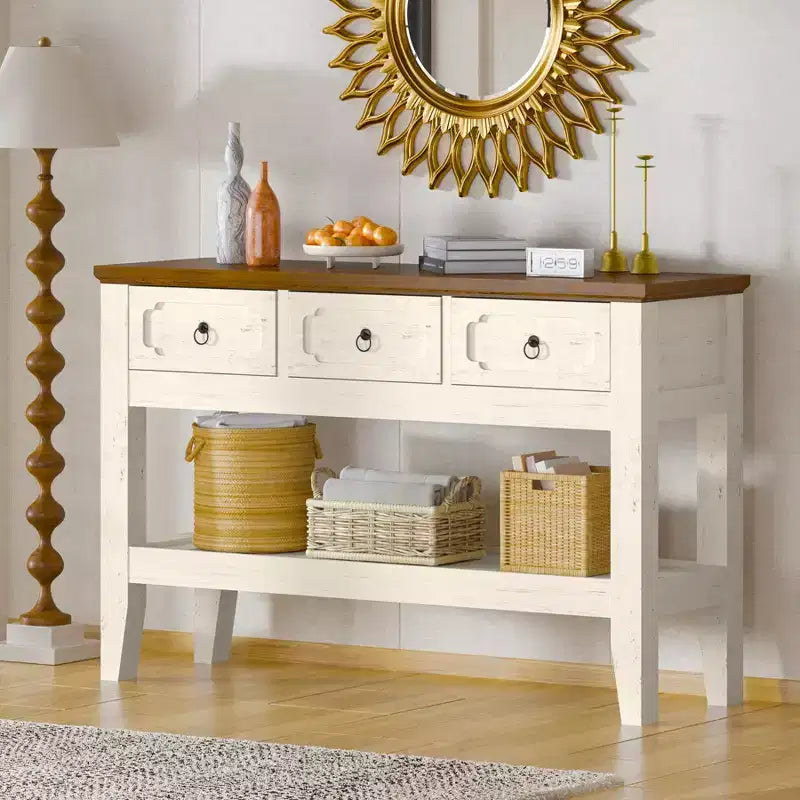 47 Console Table with Drawers, Farmhouse Rustic Entryway Table with Bottom Shelf and Solid Wood Legs for Entryway, Living Room, Entrance, Foyer