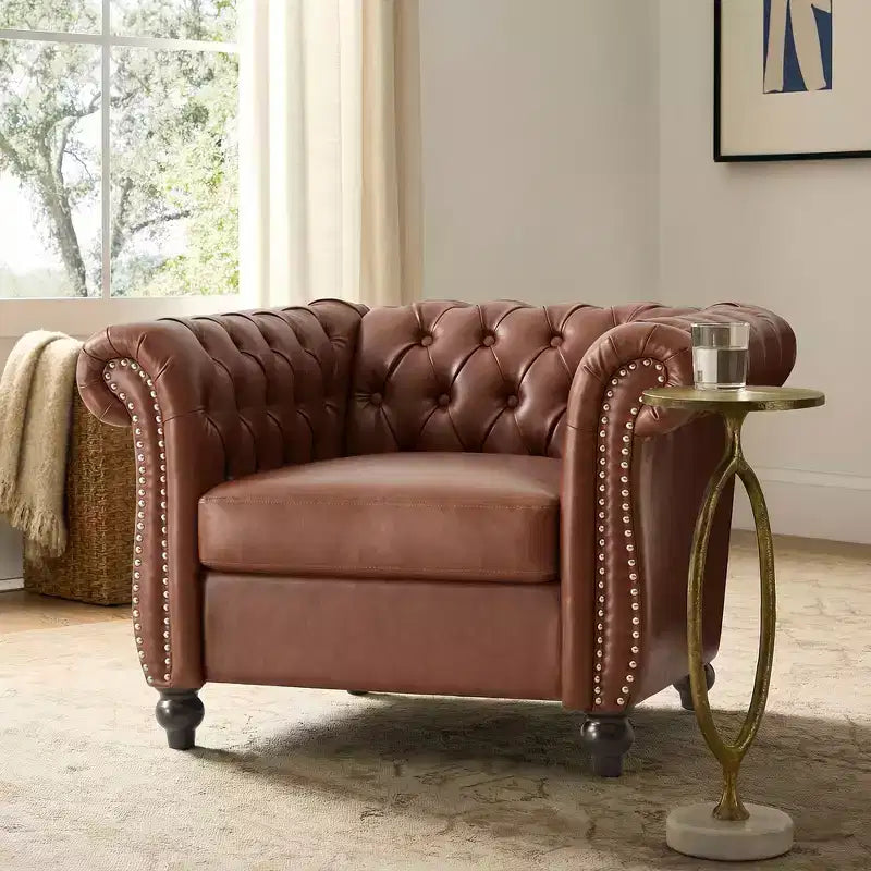 Club Chair with Scrolled Arms, Nailhead Trim, and Solid Wood Legs