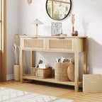 Entryway Fluted Console Table  2-Drawer Narrow Accent Table with Storage Shelf, Natural Wood Finish for Living Room, Hallway or Foyer