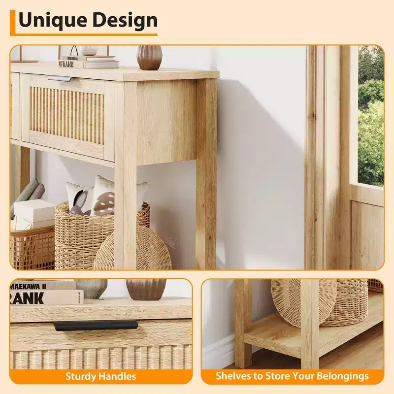 Entryway Fluted Console Table  2-Drawer Narrow Accent Table with Storage Shelf, Natural Wood Finish for Living Room, Hallway or Foyer