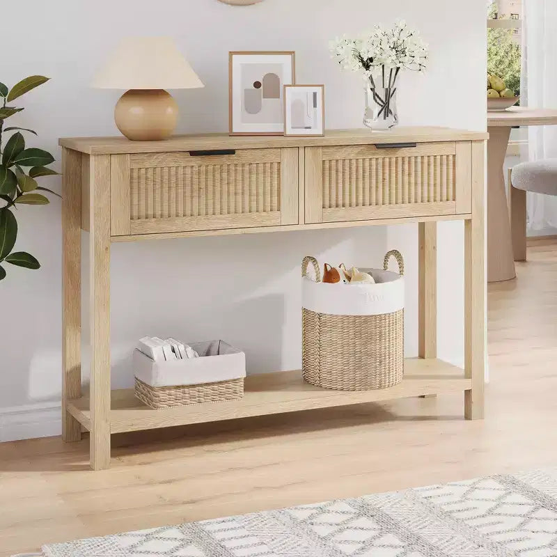 Entryway Fluted Console Table  2-Drawer Narrow Accent Table with Storage Shelf, Natural Wood Finish for Living Room, Hallway or Foyer