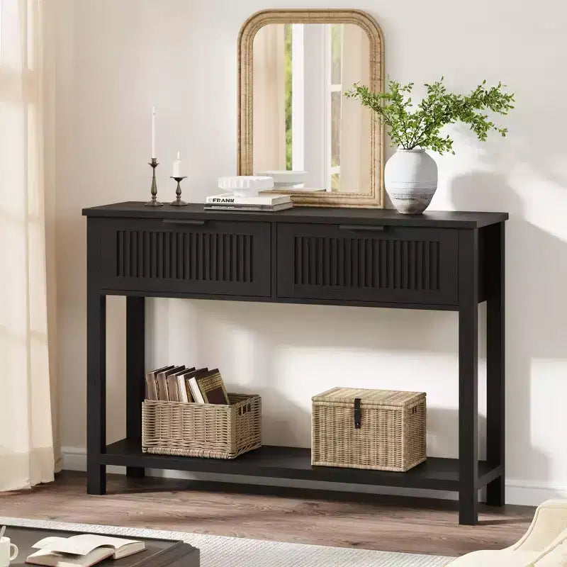 Entryway Fluted Console Table  2-Drawer Narrow Accent Table with Storage Shelf, Natural Wood Finish for Living Room, Hallway or Foyer