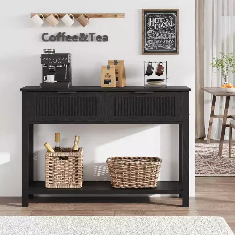 Entryway Fluted Console Table  2-Drawer Narrow Accent Table with Storage Shelf, Natural Wood Finish for Living Room, Hallway or Foyer