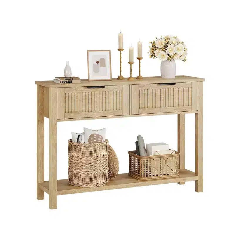 Entryway Fluted Console Table  2-Drawer Narrow Accent Table with Storage Shelf, Natural Wood Finish for Living Room, Hallway or Foyer