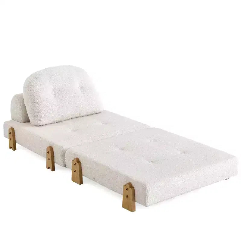 Convertible Sofa Bed with Teddy Fabric, Tufted Folding Floor Ottoman Chair with Pillow and Solid Wood Legs, Beige