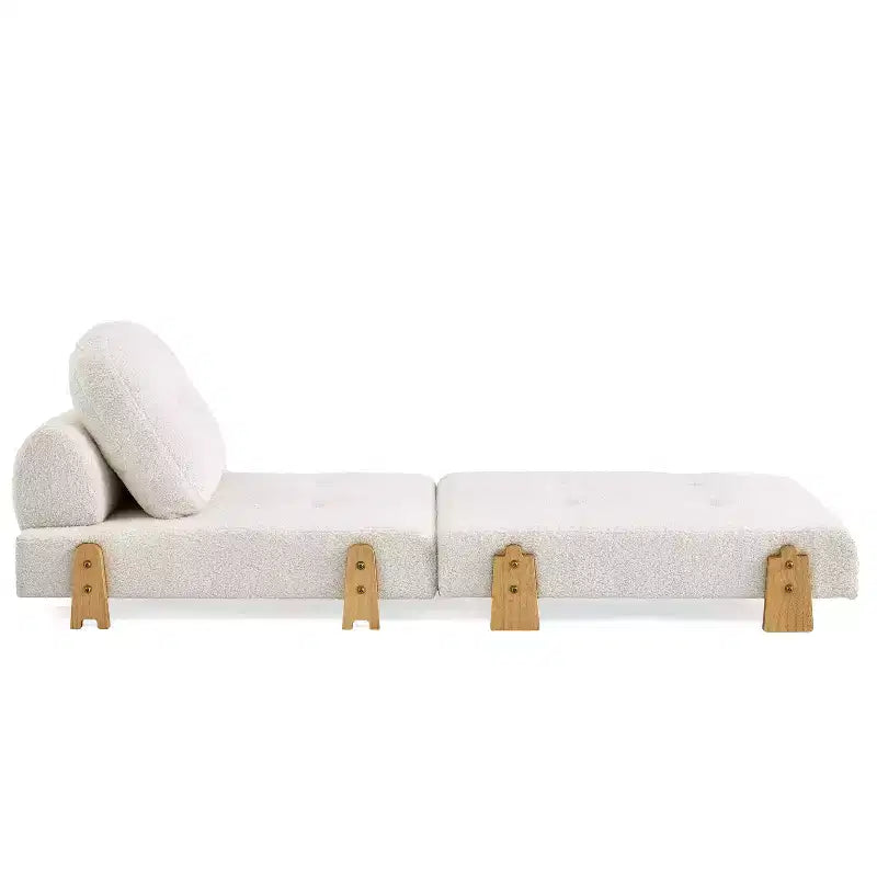 Convertible Sofa Bed with Teddy Fabric, Tufted Folding Floor Ottoman Chair with Pillow and Solid Wood Legs, Beige