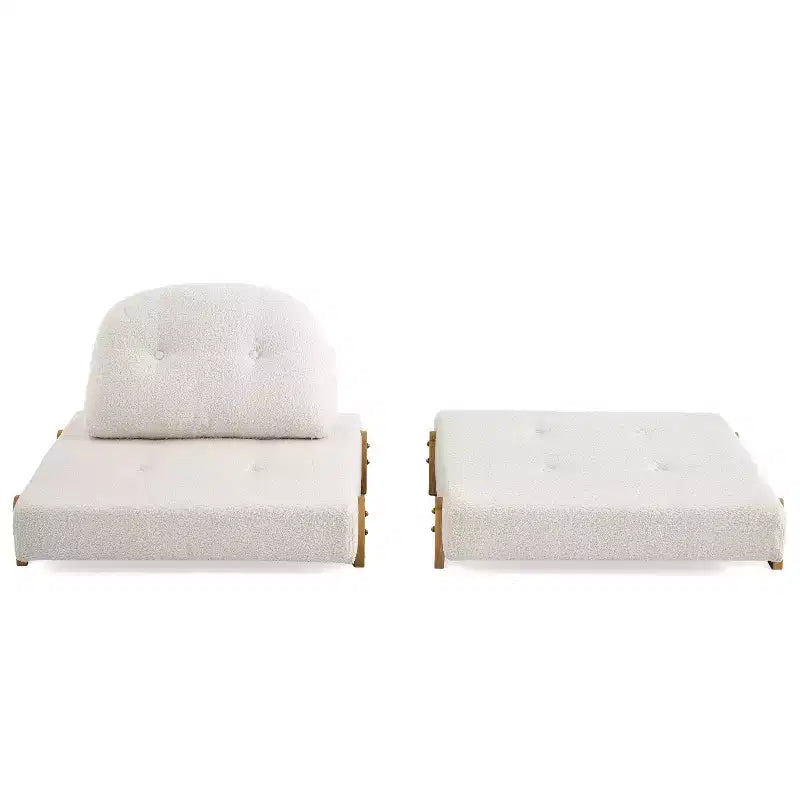 Convertible Sofa Bed with Teddy Fabric, Tufted Folding Floor Ottoman Chair with Pillow and Solid Wood Legs, Beige