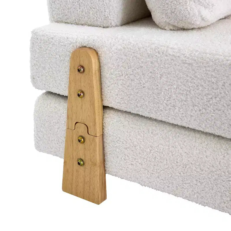 Convertible Sofa Bed with Teddy Fabric, Tufted Folding Floor Ottoman Chair with Pillow and Solid Wood Legs, Beige