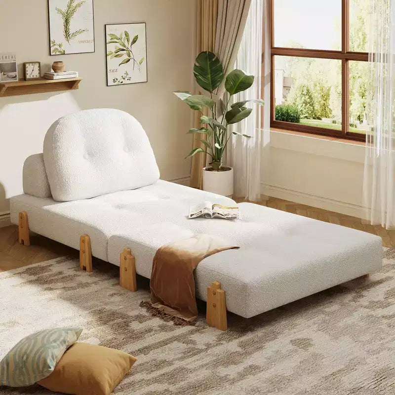 Convertible Sofa Bed with Teddy Fabric, Tufted Folding Floor Ottoman Chair with Pillow and Solid Wood Legs, Beige