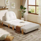 Convertible Sofa Bed with Teddy Fabric, Tufted Folding Floor Ottoman Chair with Pillow and Solid Wood Legs, Beige