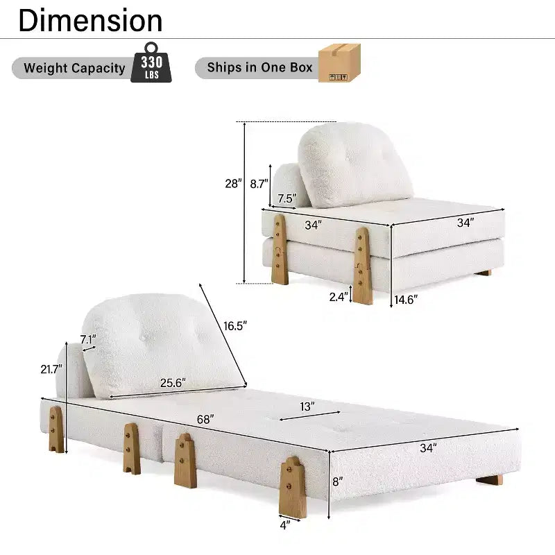 Convertible Sofa Bed with Teddy Fabric, Tufted Folding Floor Ottoman Chair with Pillow and Solid Wood Legs, Beige
