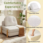Convertible Sofa Bed with Teddy Fabric, Tufted Folding Floor Ottoman Chair with Pillow and Solid Wood Legs, Beige