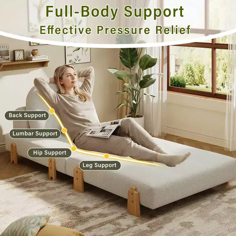 Convertible Sofa Bed with Teddy Fabric, Tufted Folding Floor Ottoman Chair with Pillow and Solid Wood Legs, Beige