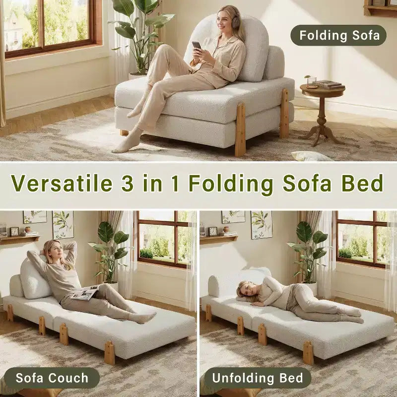 Convertible Sofa Bed with Teddy Fabric, Tufted Folding Floor Ottoman Chair with Pillow and Solid Wood Legs, Beige
