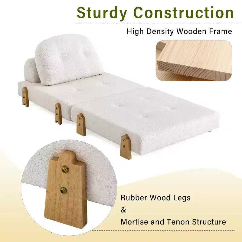 Convertible Sofa Bed with Teddy Fabric, Tufted Folding Floor Ottoman Chair with Pillow and Solid Wood Legs, Beige