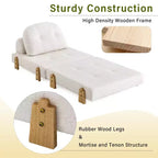 Convertible Sofa Bed with Teddy Fabric, Tufted Folding Floor Ottoman Chair with Pillow and Solid Wood Legs, Beige