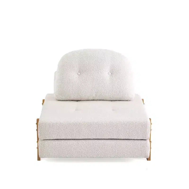 Convertible Sofa Bed with Teddy Fabric, Tufted Folding Floor Ottoman Chair with Pillow and Solid Wood Legs, Beige