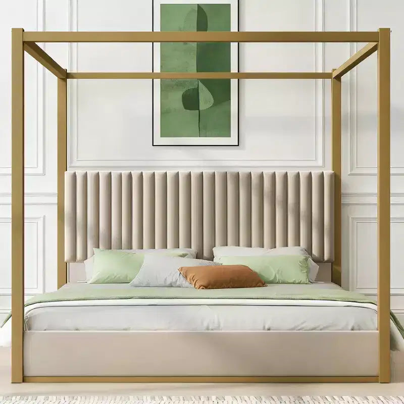 King Size Modern Canopy Platform Bed with Upholstered Headboard and Metal Frame