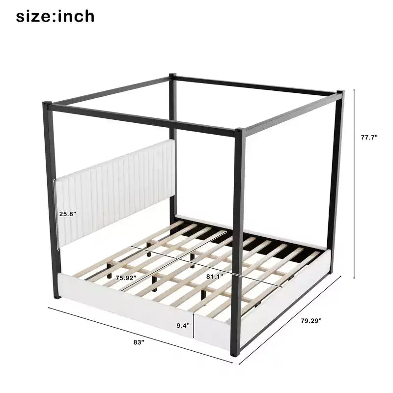 King Size Modern Canopy Platform Bed with Upholstered Headboard and Metal Frame
