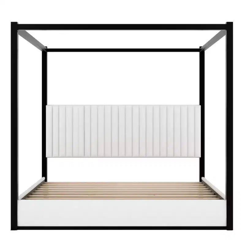King Size Modern Canopy Platform Bed with Upholstered Headboard and Metal Frame