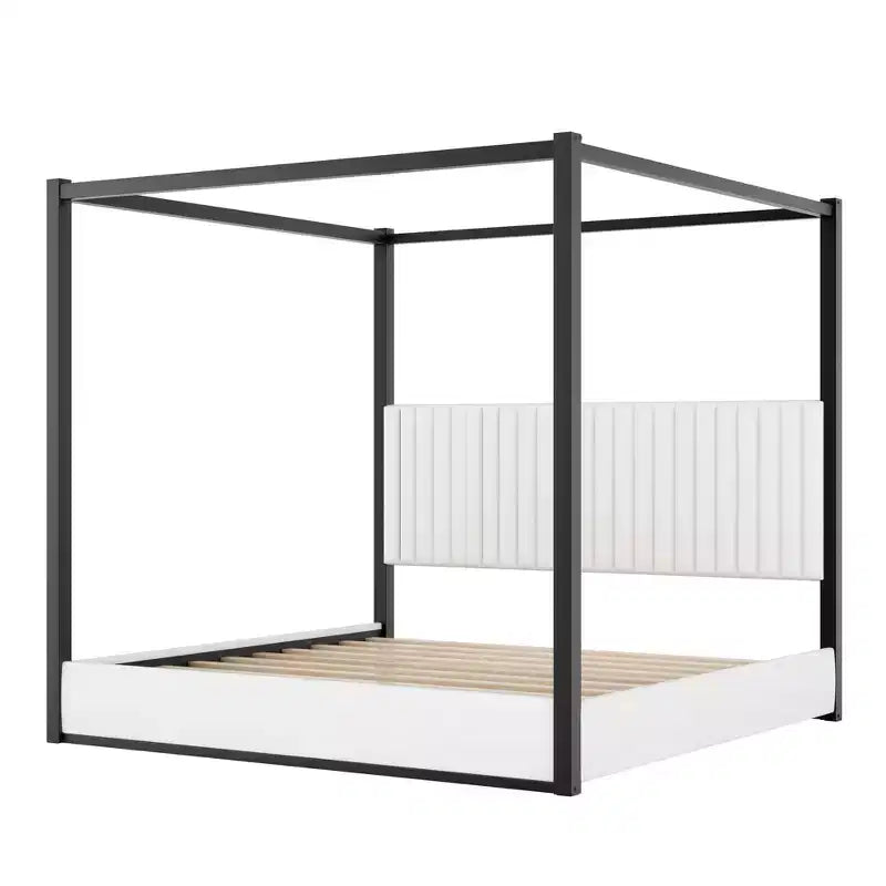 King Size Modern Canopy Platform Bed with Upholstered Headboard and Metal Frame