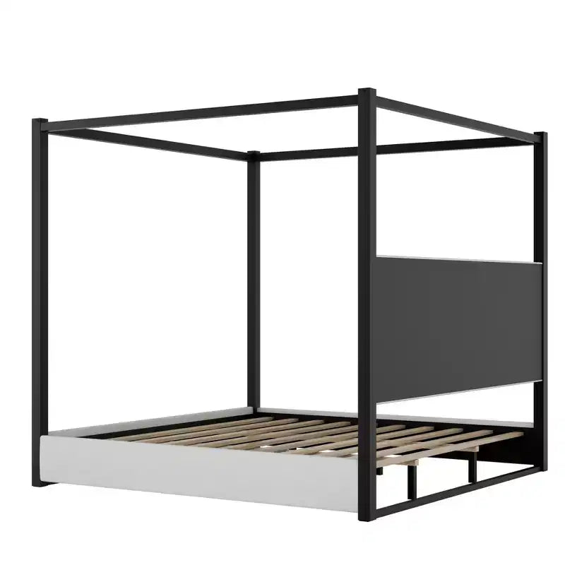 King Size Modern Canopy Platform Bed with Upholstered Headboard and Metal Frame