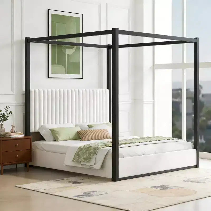 King Size Modern Canopy Platform Bed with Upholstered Headboard and Metal Frame