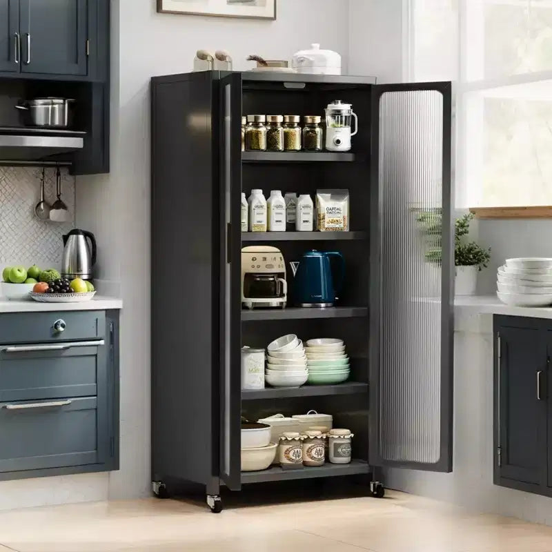 65 Kitchen Pantry Storage Cabinet, 6 Tier Metal Display Storage Cabinet with Transparent Door, for Kitchen, Living Room and Dining Room, Gray