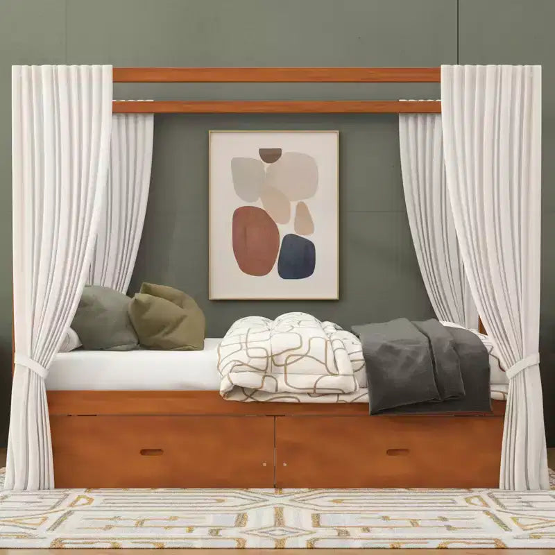Rustic Wooden Canopy Bed with Storage Drawers