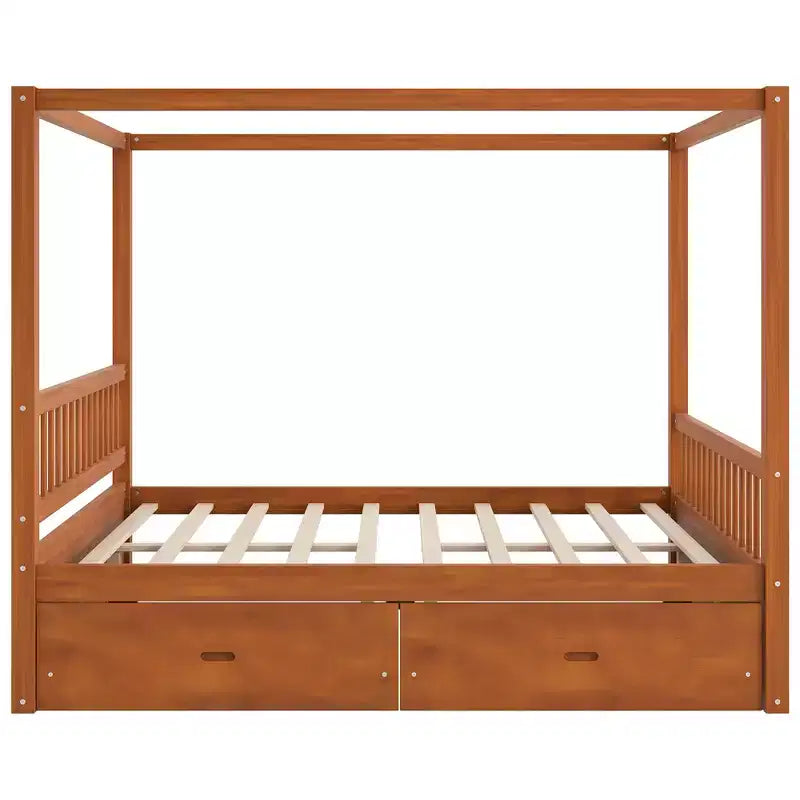 Rustic Wooden Canopy Bed with Storage Drawers