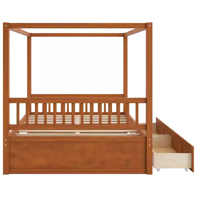 Rustic Wooden Canopy Bed with Storage Drawers