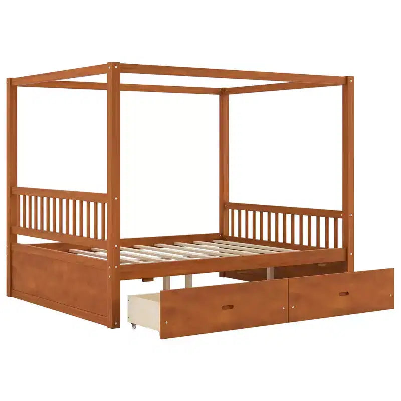 Rustic Wooden Canopy Bed with Storage Drawers