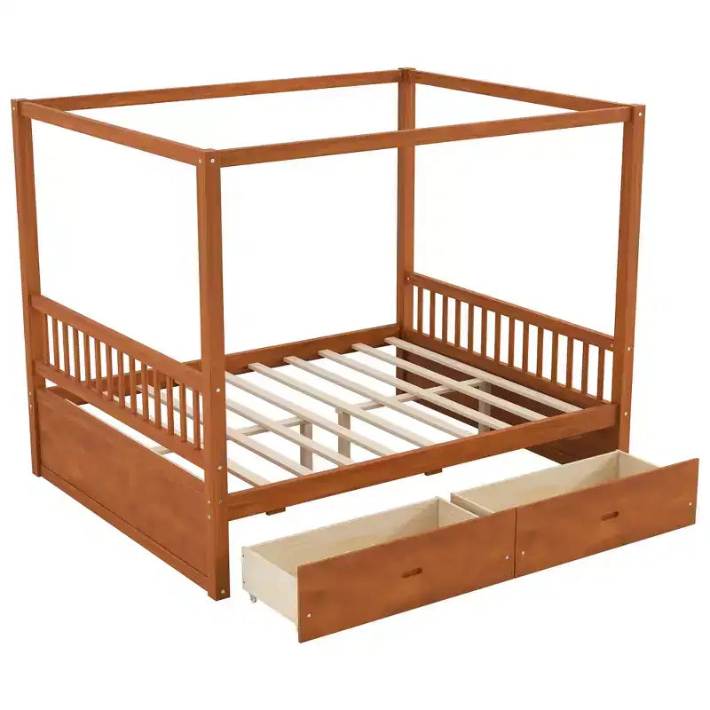 Rustic Wooden Canopy Bed with Storage Drawers