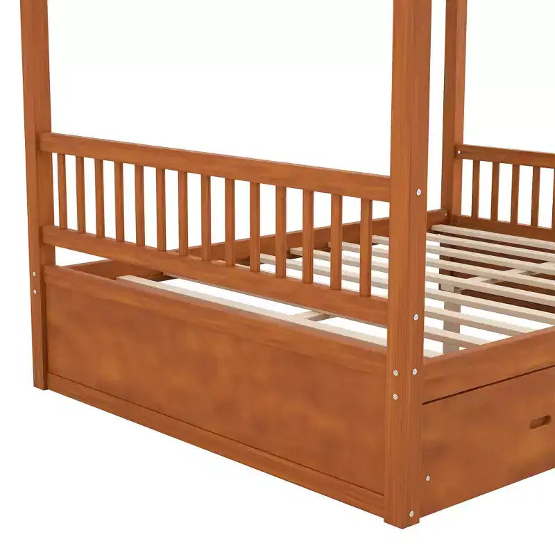 Rustic Wooden Canopy Bed with Storage Drawers