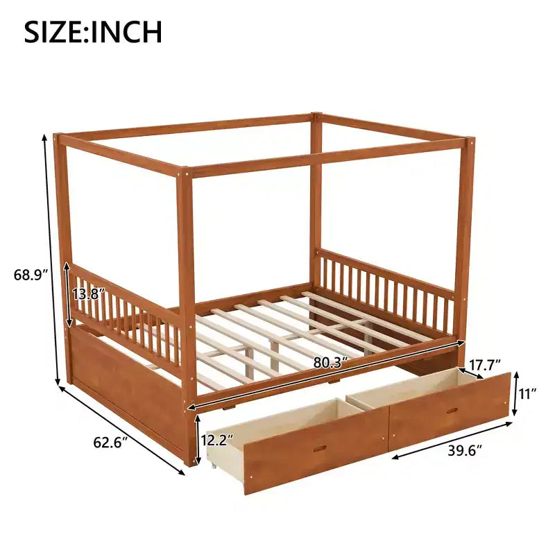 Rustic Wooden Canopy Bed with Storage Drawers