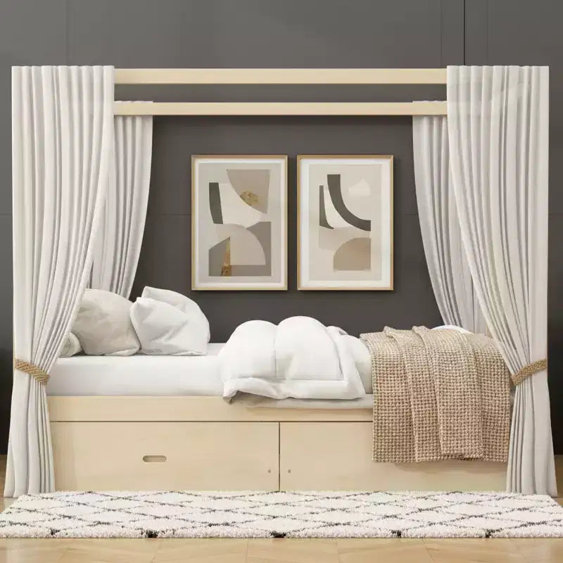 Rustic Wooden Canopy Bed with Storage Drawers