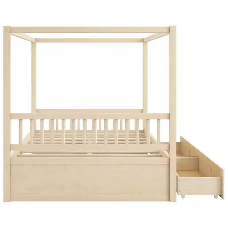 Rustic Wooden Canopy Bed with Storage Drawers