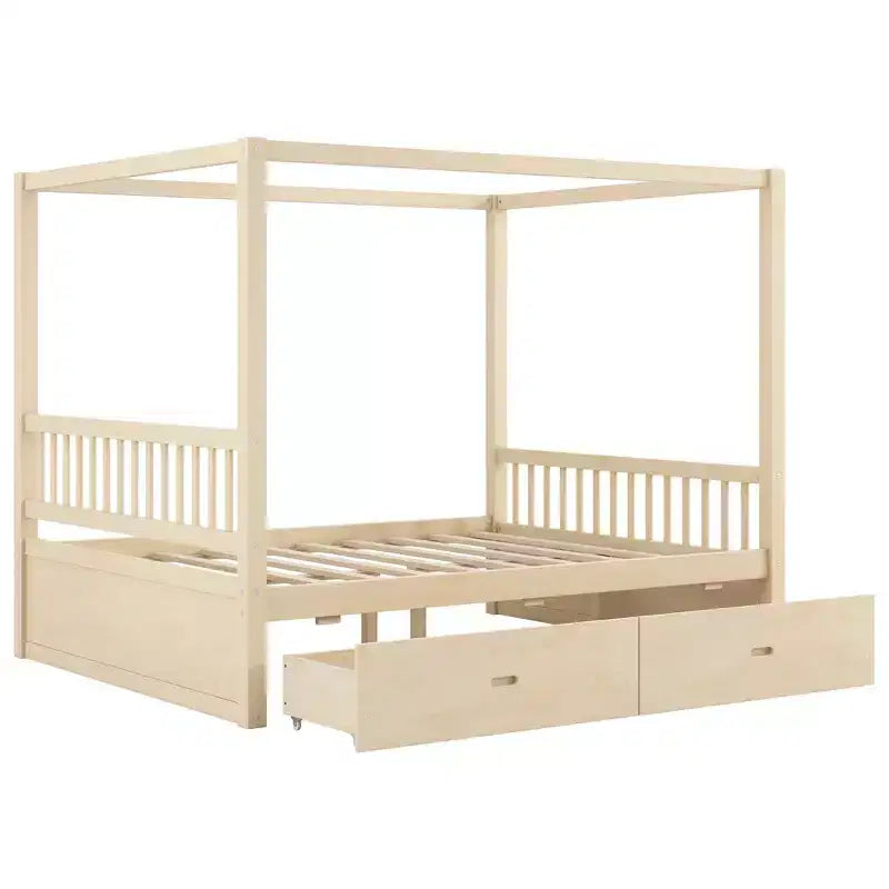 Rustic Wooden Canopy Bed with Storage Drawers