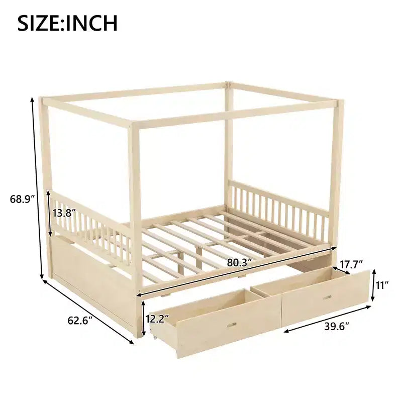 Rustic Wooden Canopy Bed with Storage Drawers