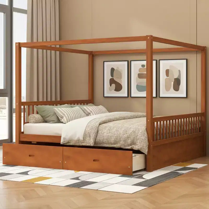 Rustic Wooden Canopy Bed with Storage Drawers