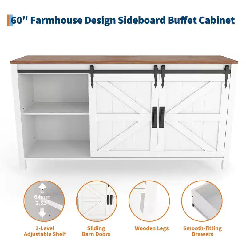 60 Farmhouse Sideboard Buffet Cabinet with Sliding Barn Doors & 4 Drawers, Kitchen Cabinet with Storage for Dining Room, Coffee Bar