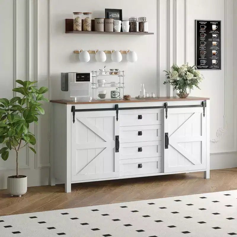 60 Farmhouse Sideboard Buffet Cabinet with Sliding Barn Doors & 4 Drawers, Kitchen Cabinet with Storage for Dining Room, Coffee Bar