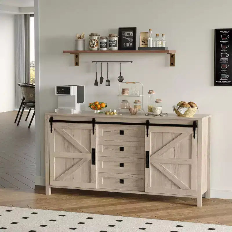 60 Farmhouse Sideboard Buffet Cabinet with Sliding Barn Doors & 4 Drawers, Kitchen Cabinet with Storage for Dining Room, Coffee Bar