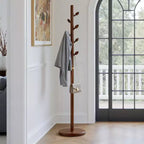Wooden Freestanding Coat Rack with 8 Bud-shaped Hooks, Stable Round Base, Heavy Duty Wood Coat Tree Stand for Hallway Entryway, Brown