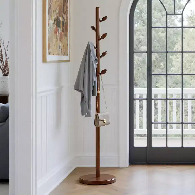 Wooden Freestanding Coat Rack with 8 Bud-shaped Hooks, Stable Round Base, Heavy Duty Wood Coat Tree Stand for Hallway Entryway, Brown