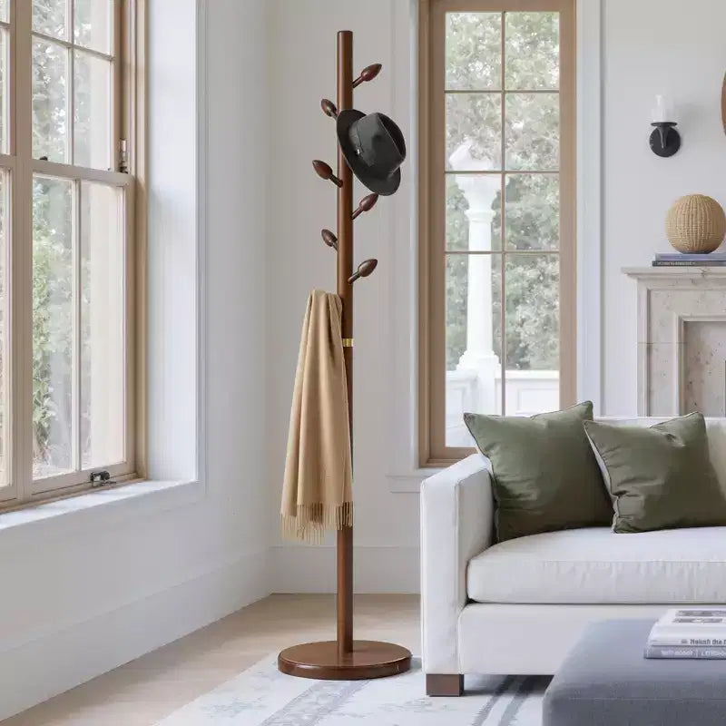 Wooden Freestanding Coat Rack with 8 Bud-shaped Hooks, Stable Round Base, Heavy Duty Wood Coat Tree Stand for Hallway Entryway, Brown
