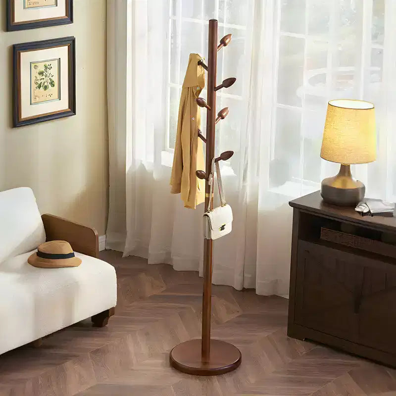 Wooden Freestanding Coat Rack with 8 Bud-shaped Hooks, Stable Round Base, Heavy Duty Wood Coat Tree Stand for Hallway Entryway, Brown